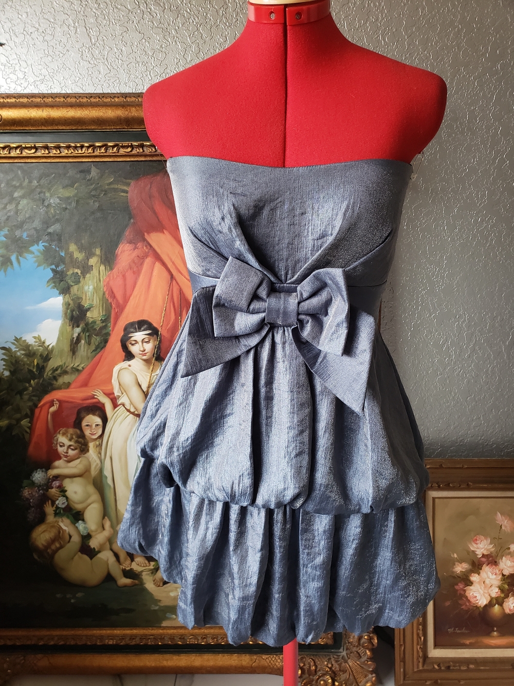 Mystic Metallic Silver Strapless Bubble-Hem Dress with Bow